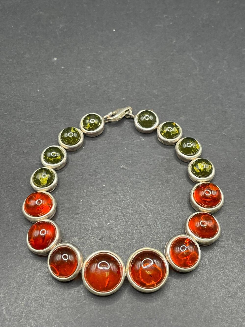 925 Sterling Silver Multi-Color Amber Cabochon Bezel Set Link Bracelet Jewelry